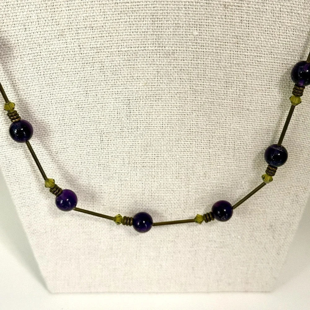 Vtg Amethyst Beaded Necklace Brass Tone Green Crystal Accent Boho Chic Fairy 23